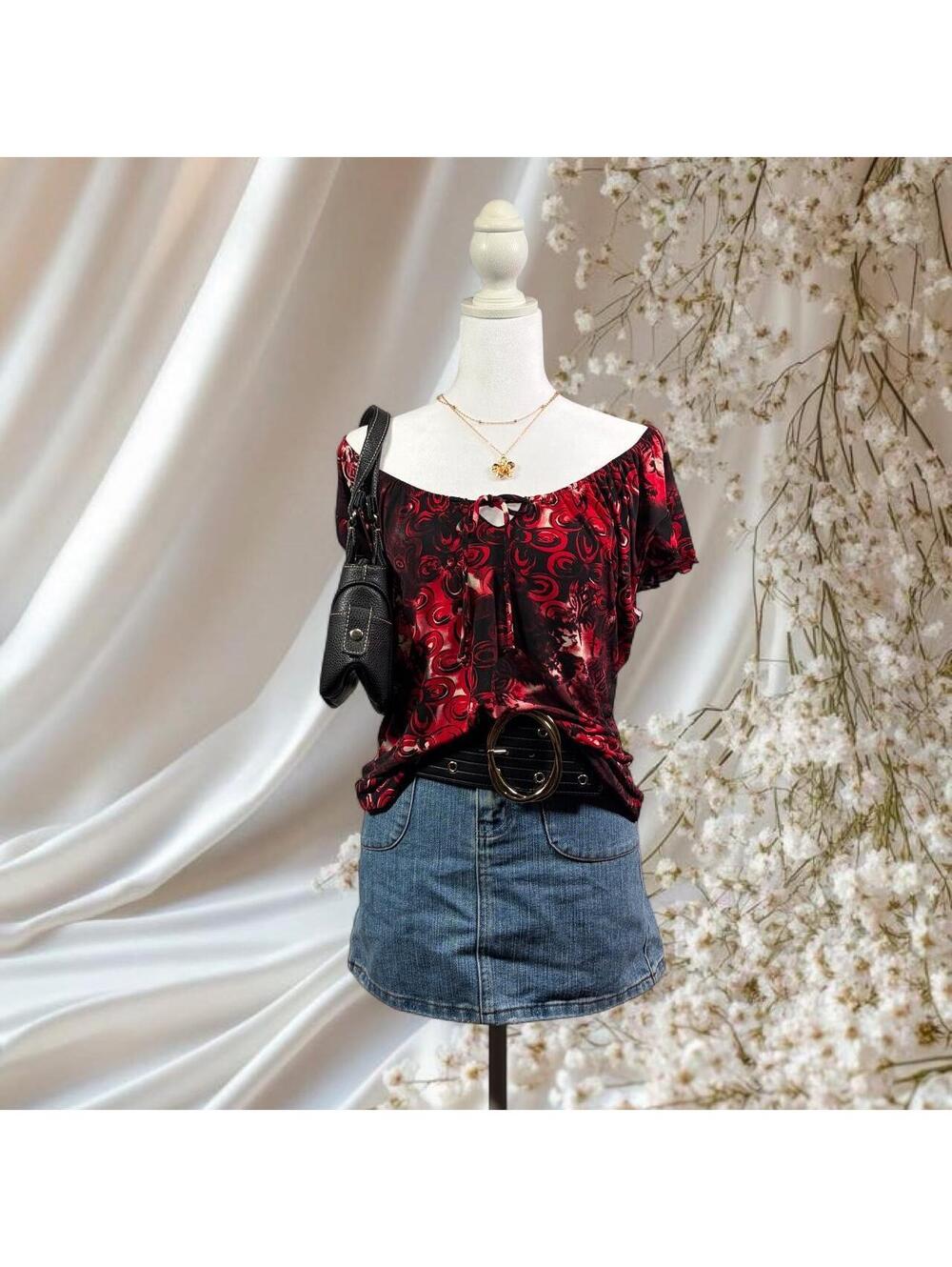 STEPHEN AND CASEY Y2K OFF SHOULDER PEASANT TOP RED BLACK